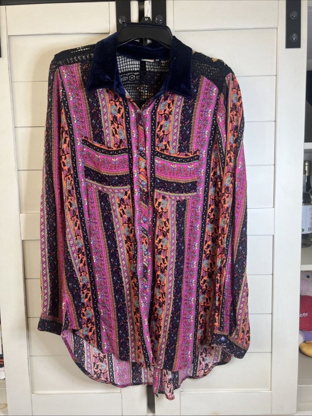 ANTHROPOLOGIE Cyrena FLORAL EMBROIDERED Boho Velvet Collar Women’s Blouse Top